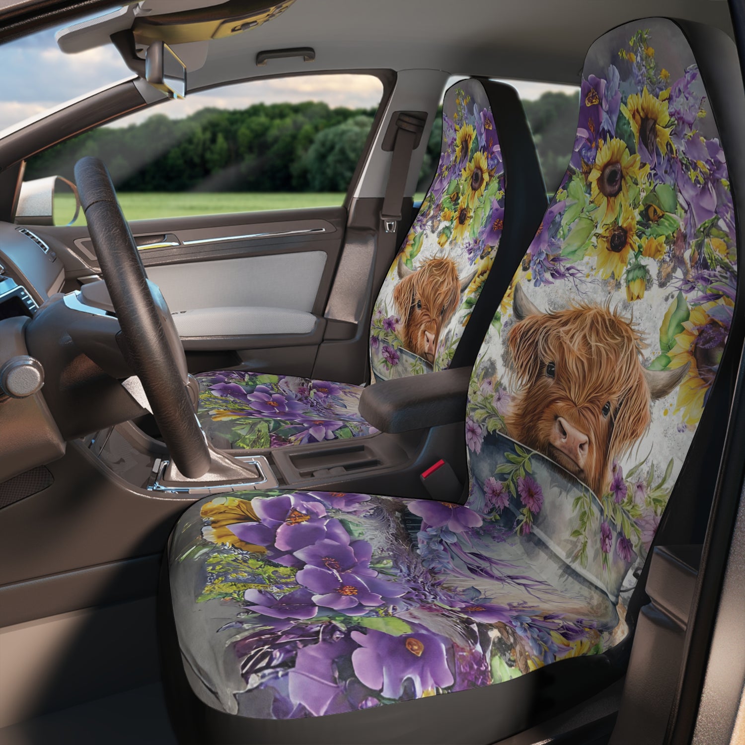 farm truck car seat covers with a highland baby cow and purple flowers